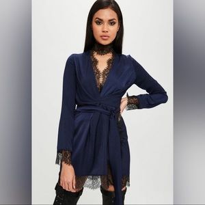 Carli Bybel x Missguided Navy Satin Lace Wrap Dress